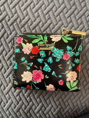 kate spade Black Floral Zip Compact Wallet with Gold Hardware